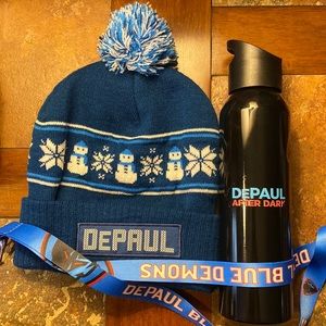 5️⃣/5️⃣DEPAUL Blue Demons beanie knit cap, lanyard, bottle EUC
